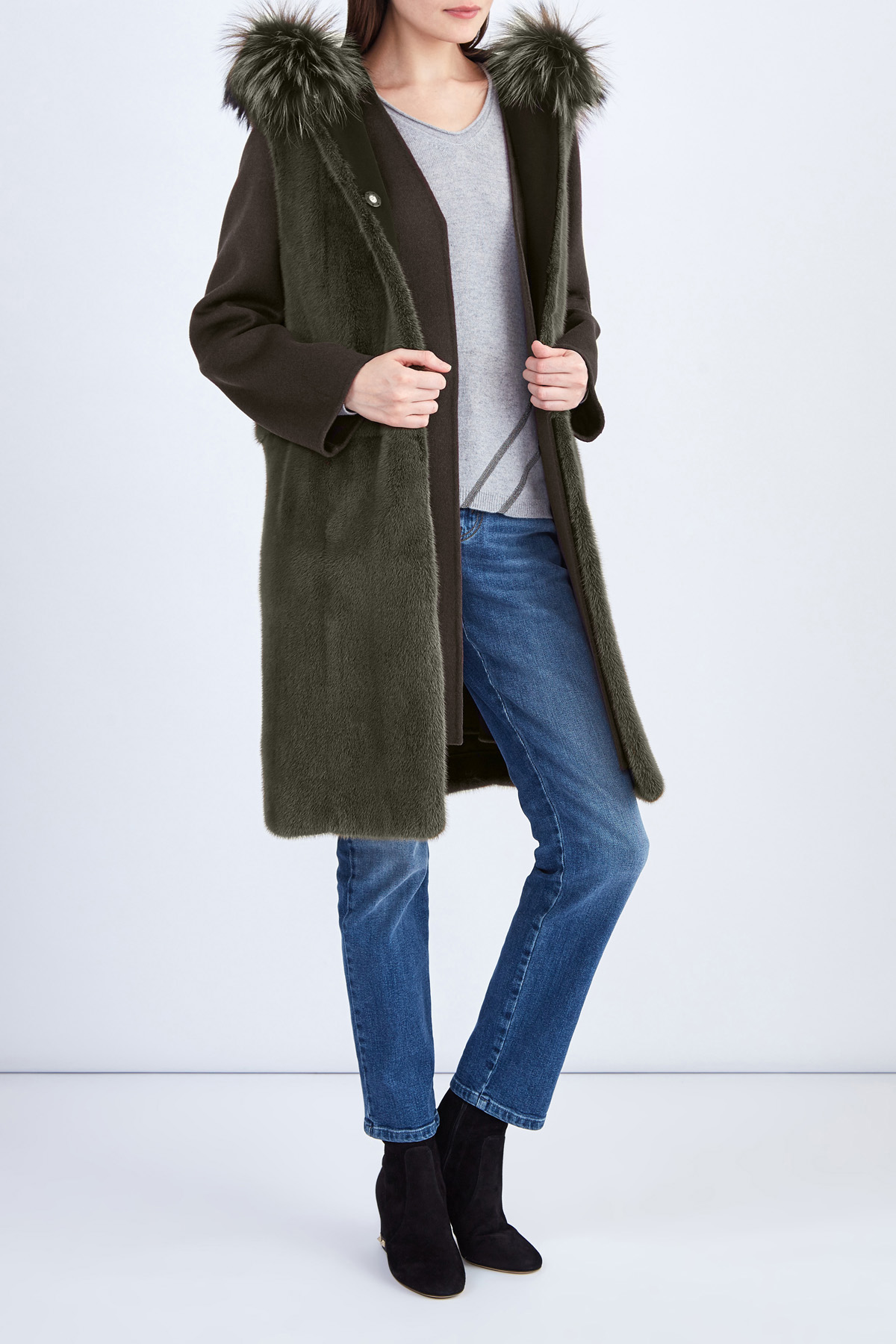 Пальто из шерсти со съемны жилетом из блестящего меха норки YVES SALOMON, цвет хаки, размер 34 - фото 2